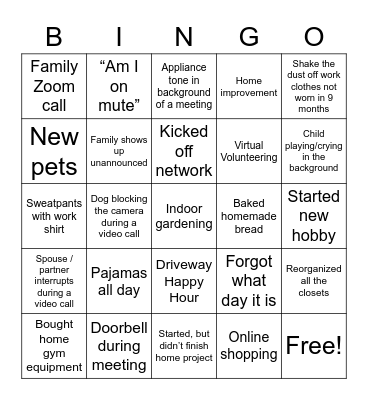 WFH/Quarantine Fun Bingo Card