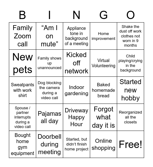 WFH/Quarantine Fun Bingo Card