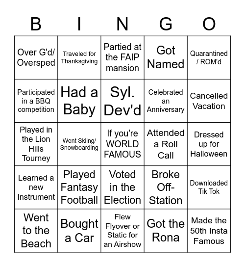 2020 World Famous Bingo Card