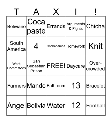 I am a Taxi- Chap. 1-4 Review Bingo Card