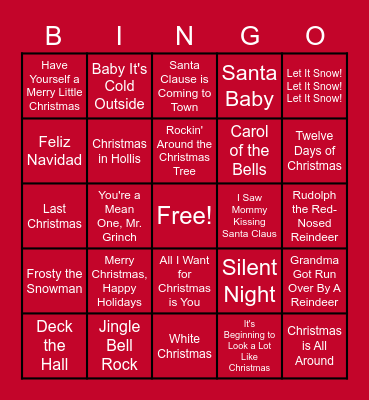 Holiday Song Bingo Card