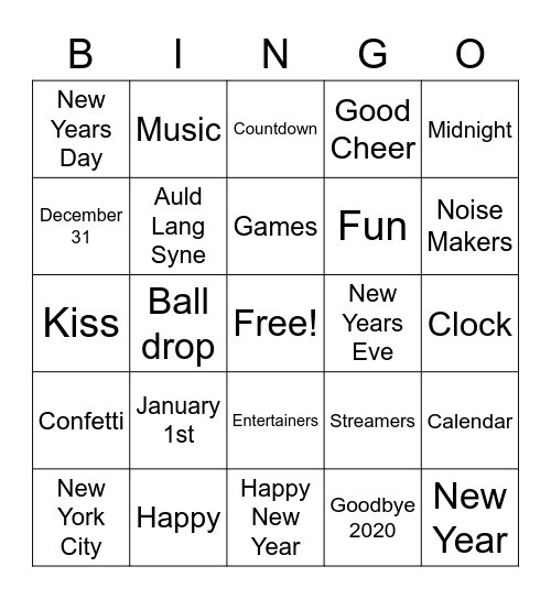 2021 New Year's Celebration Bingo Card