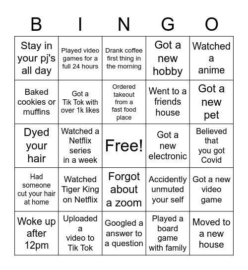 Quarntine Bingo Card