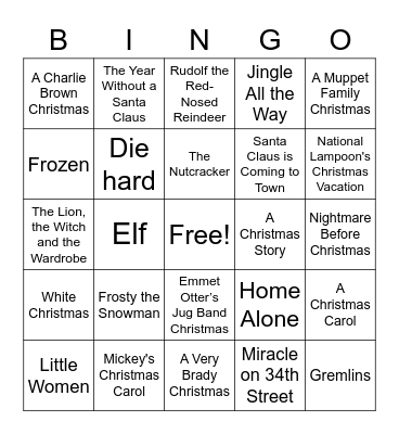 Christmas/Holiday/Winter Movies Bingo Card