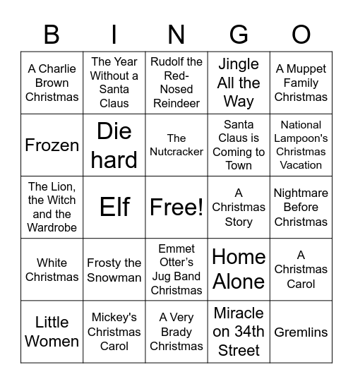 Christmas/Holiday/Winter Movies Bingo Card