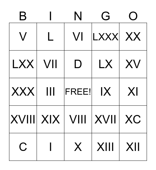 Roman Numerals Bingo Card