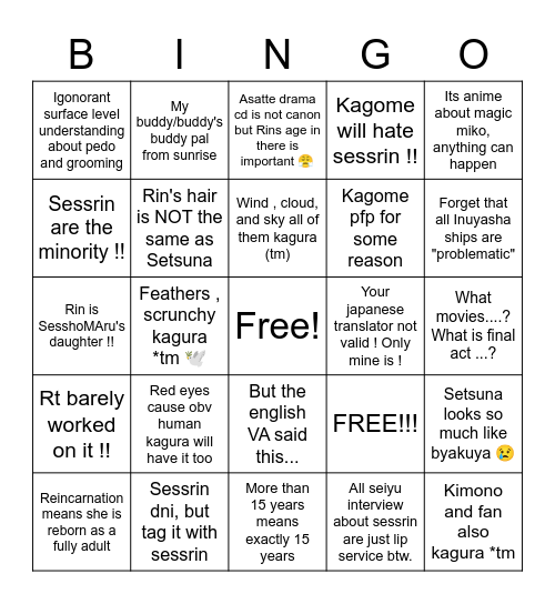 Sesshomaru, the last Windfucker Bingo Card