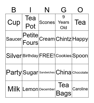 Tea Time Bingo Card
