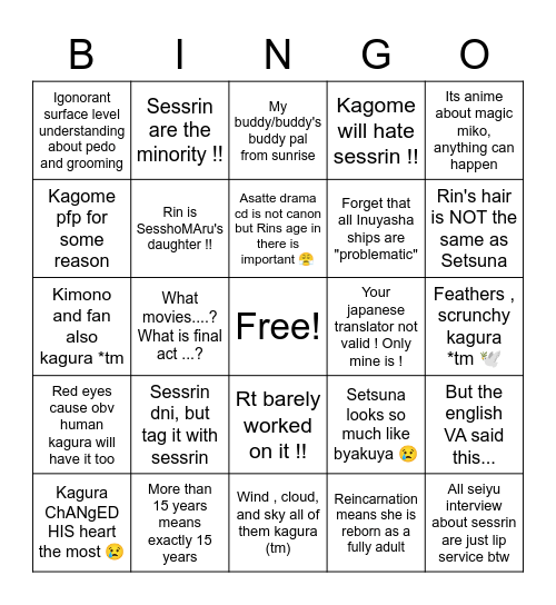 Sesshomaru, the Last Windfucker Bingo Card