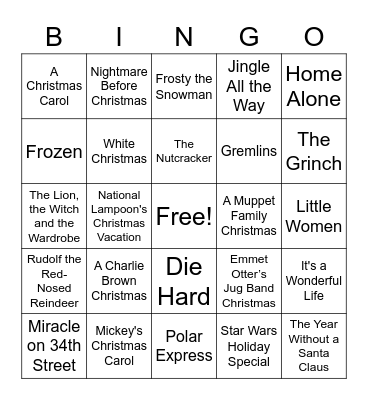 Christmas/Holiday/Winter Movies Bingo Card