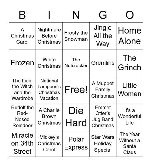 Christmas/Holiday/Winter Movies Bingo Card