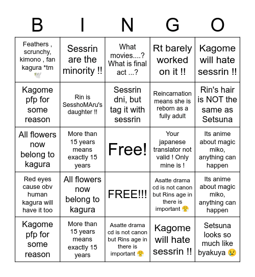 Sesshomaru, the last windfucker Bingo Card