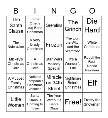 Christmas/Holiday/Winter Movies Bingo Card