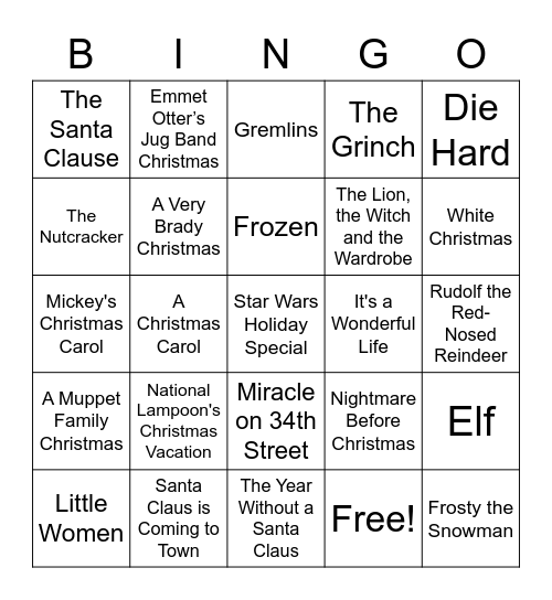 Christmas/Holiday/Winter Movies Bingo Card