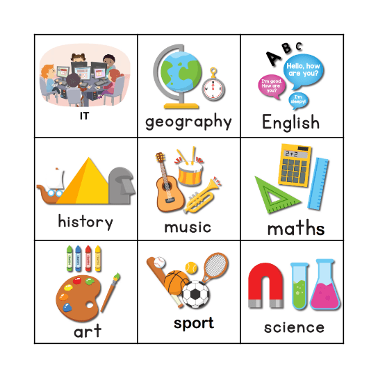 School subjects Bingo Card