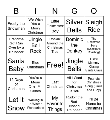 Christmas/Holiday/Winter Songs Bingo Card