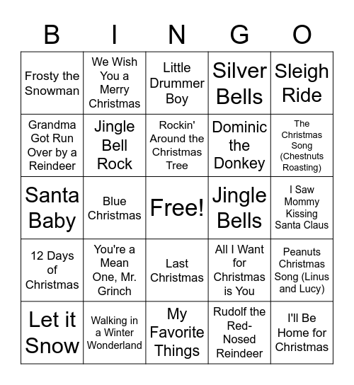 Christmas/Holiday/Winter Songs Bingo Card