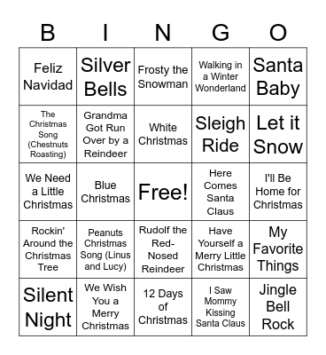 Christmas/Holiday/Winter Songs Bingo Card