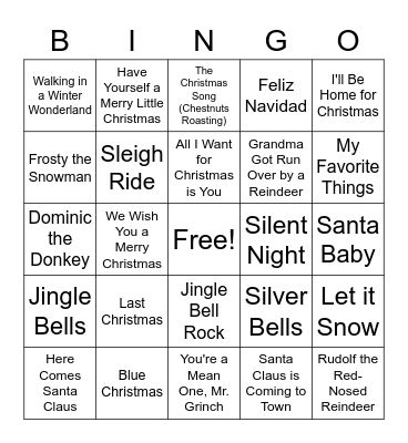 Christmas/Holiday/Winter Songs Bingo Card