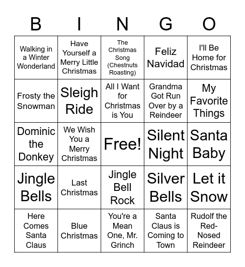 Christmas/Holiday/Winter Songs Bingo Card
