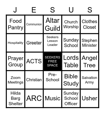 Seekers Sunday School  BINGO Card
