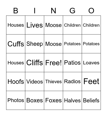 Plural Nouns Bingo Card