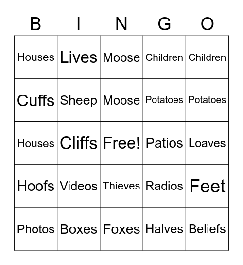 Plural Nouns Bingo Card