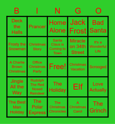 Christmas Movie Bingo Card