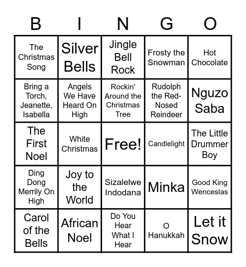 Winter/Holiday Song Bingo Card
