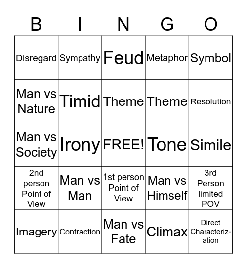 English 1-1 Review Bingo Card
