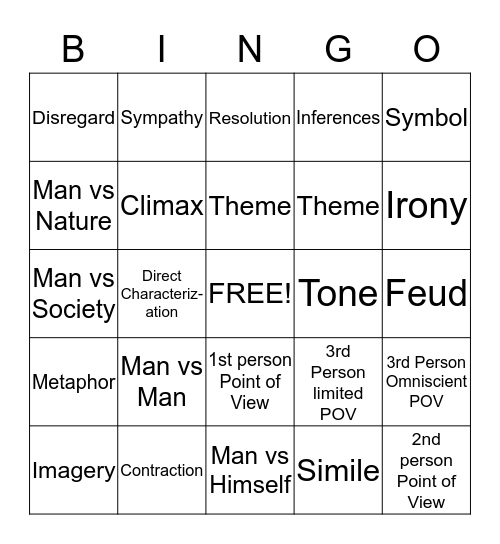 English 1-1 Review Bingo Card