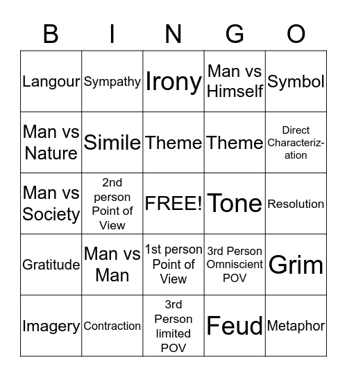 English 1-1 Review Bingo Card