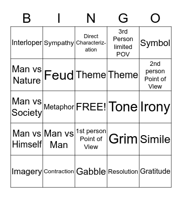 English 1-1 Review Bingo Card