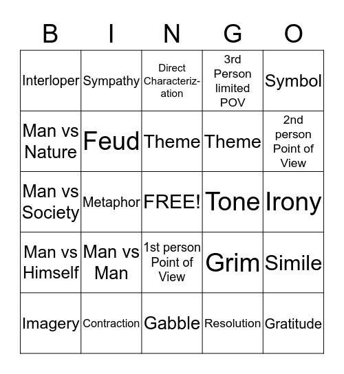 English 1-1 Review Bingo Card