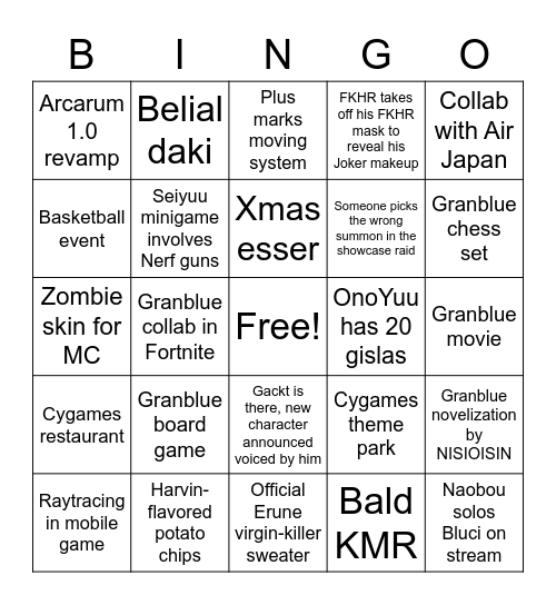 Stream bingo Card