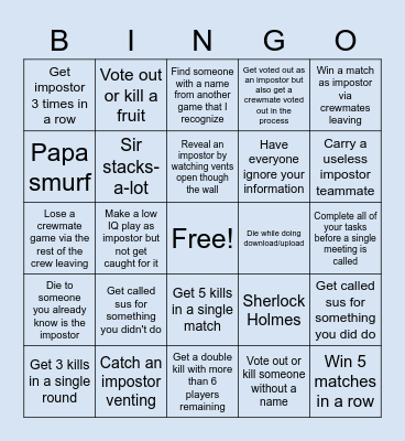 Among Us Bingo Card