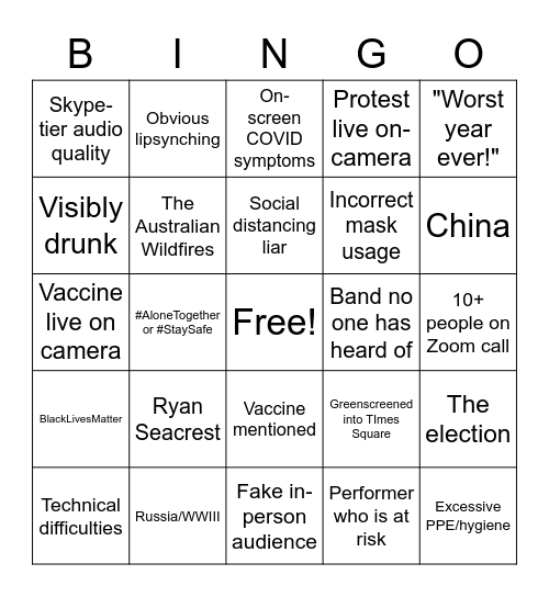Virtual NYE Bingo Card
