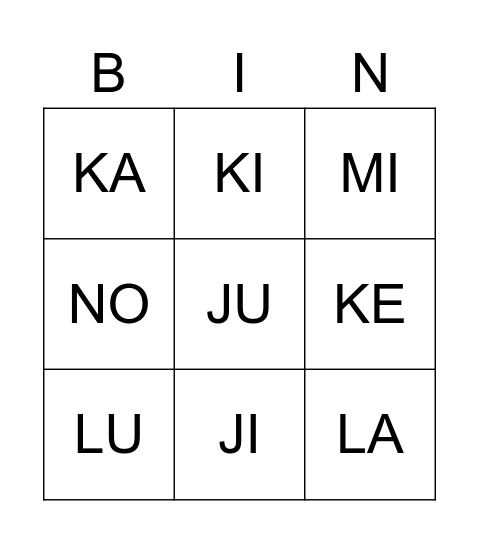 BINGO – Syllabes (J-K-L-M-N) Bingo Card