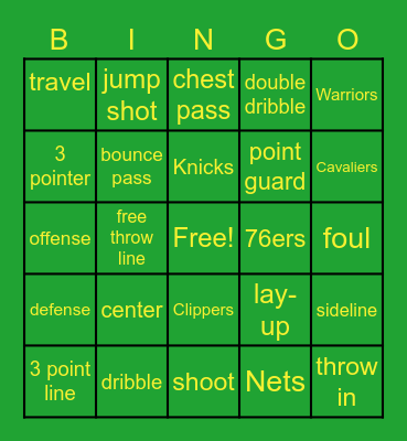 Lynn Crest Basketball Bingo Card