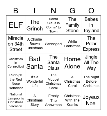 Holiday Bingo Movies Bingo Card