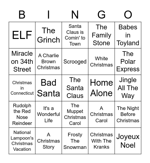 Holiday Bingo Movies Bingo Card