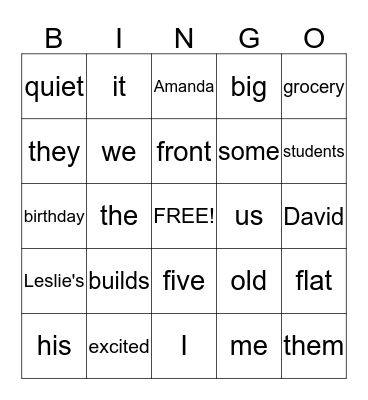 Pronouns and Adjectives Bingo Card