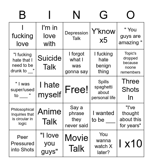 Drunk Bingo Card