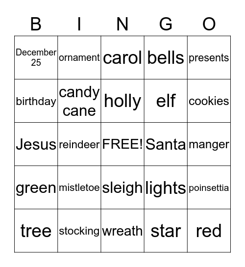 Christmas Words Bingo Card