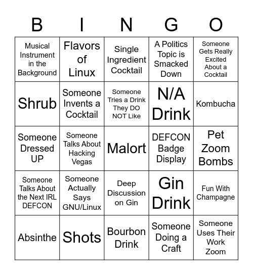 DEFCON CocktailCon NYE Bingo Card