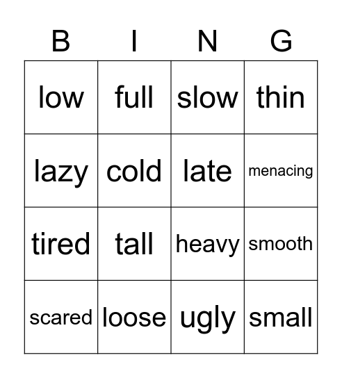 Antonyms Bingo Card