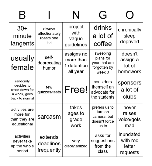 Teacher Who Wants To Be Friends With Kids Bingo Card