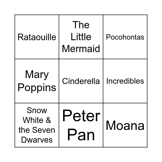 Disney Movie Bingo Card