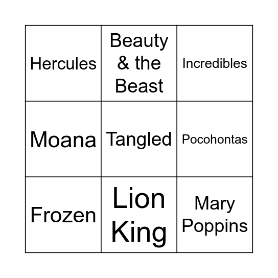 Disney Movie Bingo Card