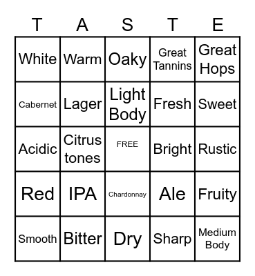 Wine and Beer Tasting Bingo Card